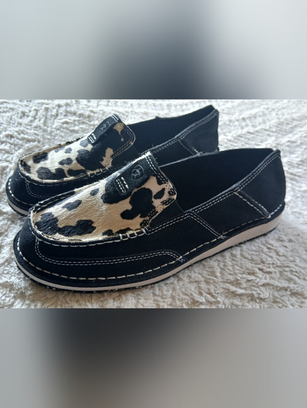 Ariat Black Suede Loafers with Cow-Print Vamp